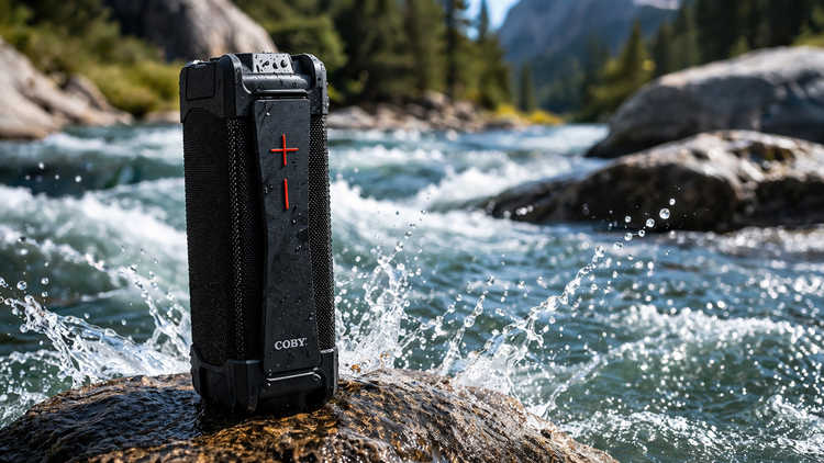 Cosy power bank being splashed by water in a natural setting with rocks and trees.