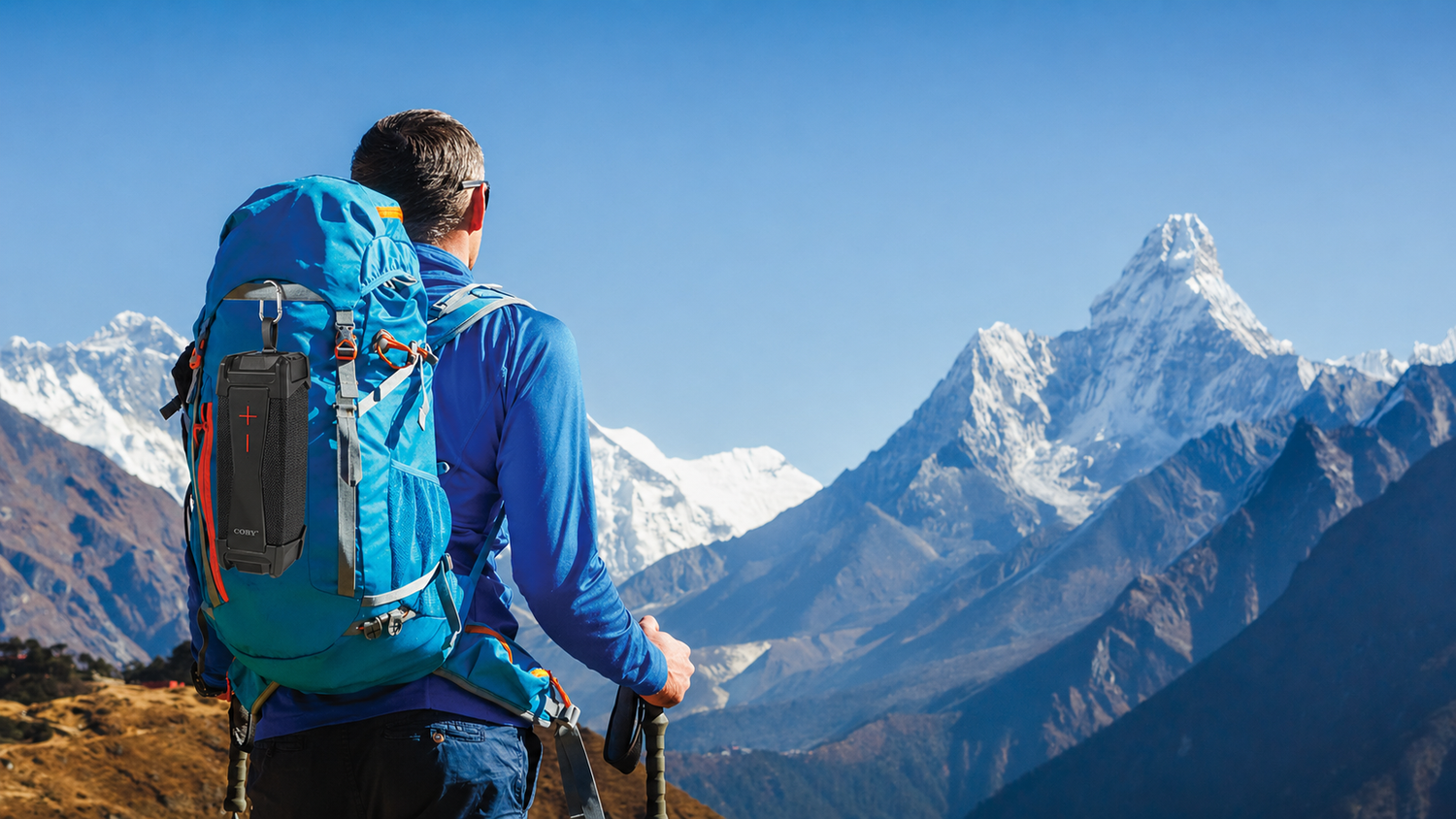 Person with a blue backpack looking at snow-capped mountains