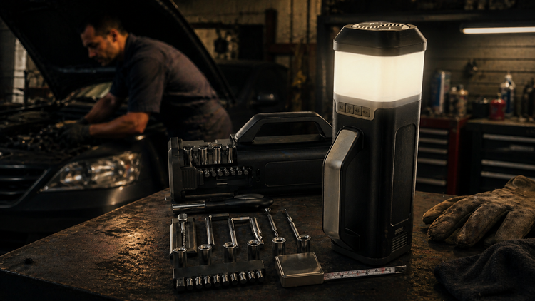 Person working on a car in a garage with tools and a flashlight.