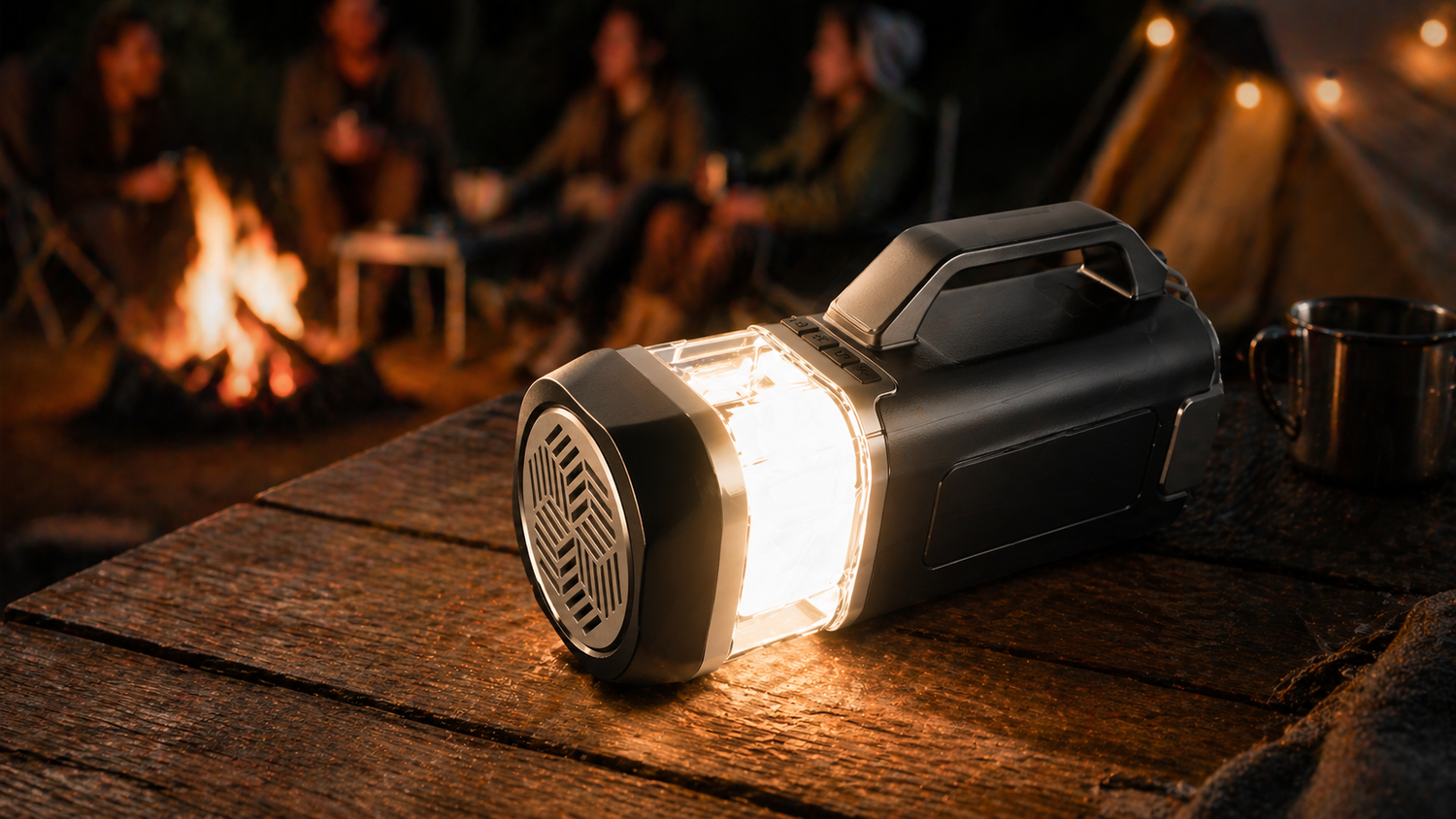 Flashlight on a wooden surface with people around a campfire in the background