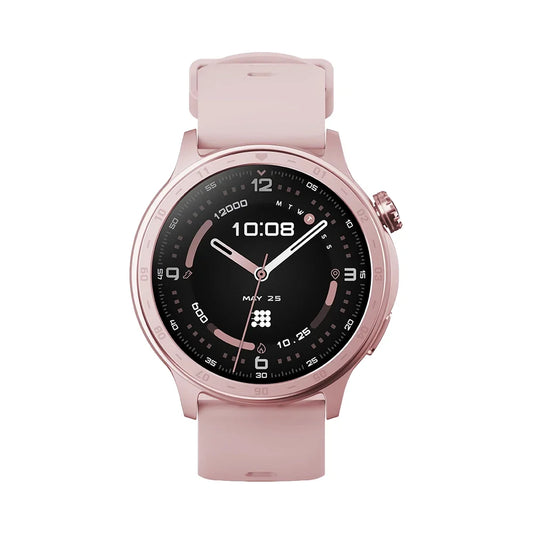 Pink smartwatch with a black screen on a white background