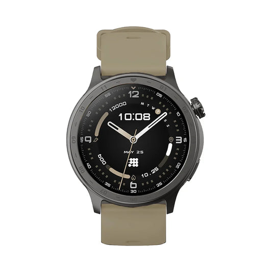 Smartwatch with a beige strap on a white background