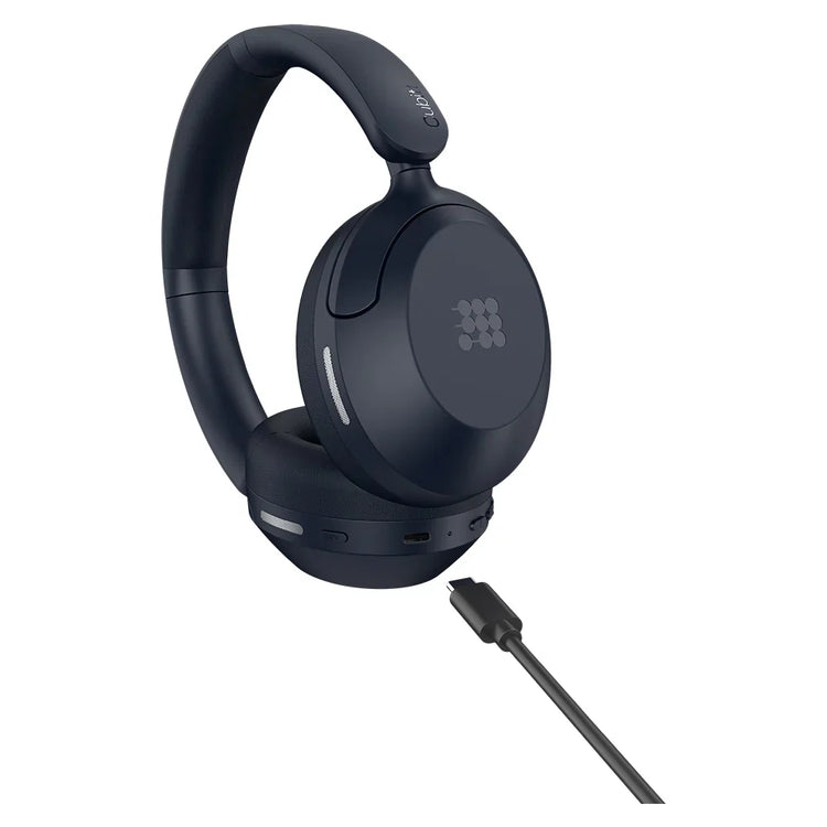 Black headphones with a cable on a white background