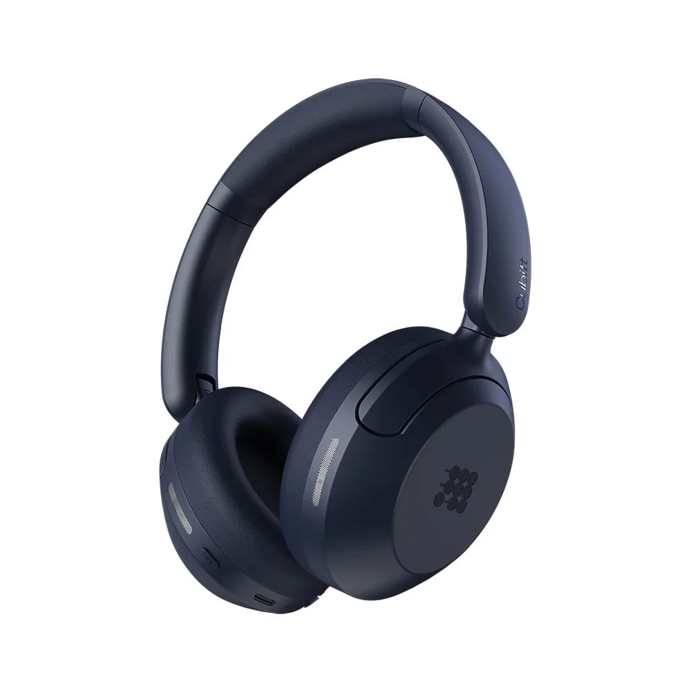Blue over-ear headphones on a white background
