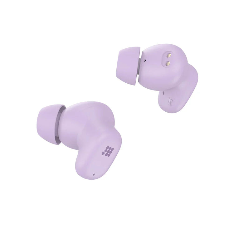 Purple wireless earbuds on a white background