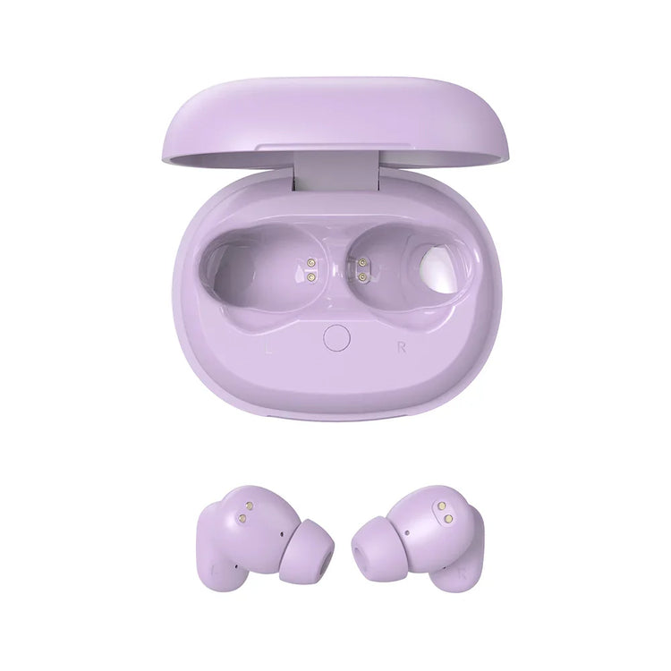 Purple wireless earbuds with charging case on a white background