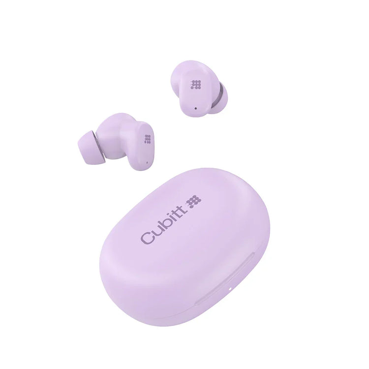 Purple wireless earbuds with charging case on a white background, featuring the brand 'Cubitt'.