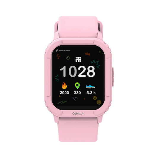 Pink smartwatch with a digital display on a white background