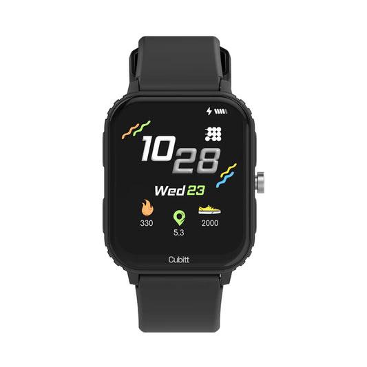 Black smartwatch with a digital display on a white background
