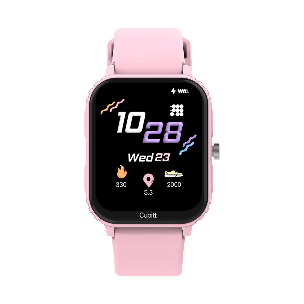 Pink smartwatch with a black display on a white background