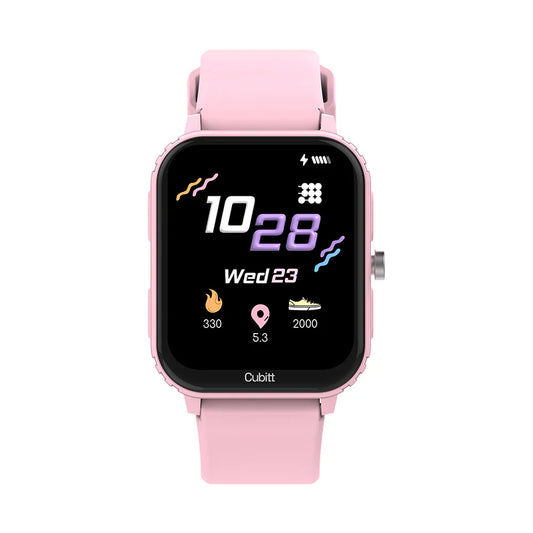 Pink smartwatch with a black display on a white background