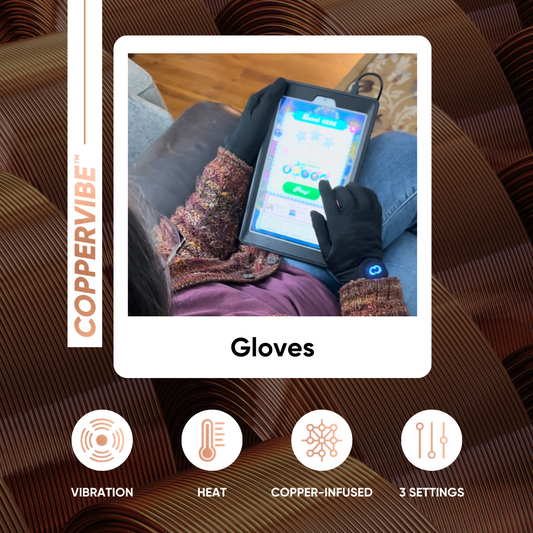 Packaging for CopperVibe Vibration+Heat Therapy Gloves