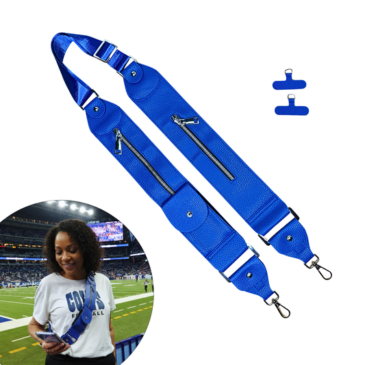 Blue shoulder bag with zippers and a clip, shown on a white background.