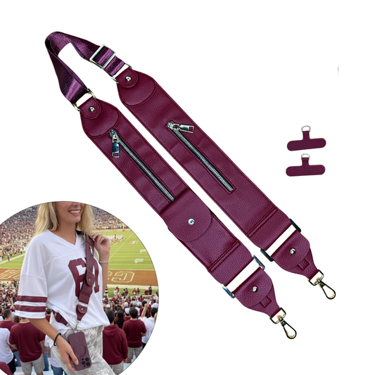 Maroon guitar strap with additional clips on a white background