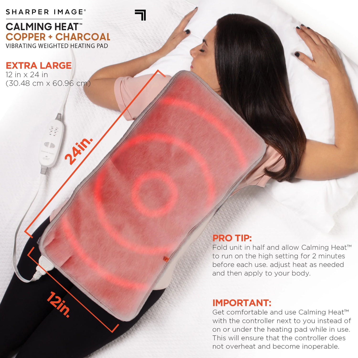 Woman using a Calming Heat Copper + Charcoal Vibrating Weighted Heating Pad with product details on a white background.