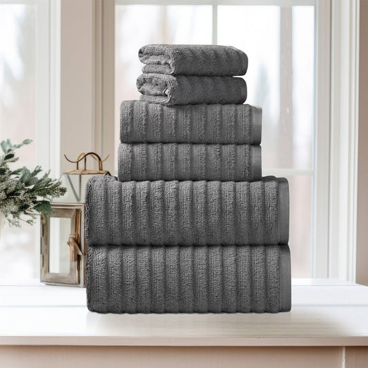 6 Piece Ribbed 100% Egyptian Cotton Towel Set - Charcoal