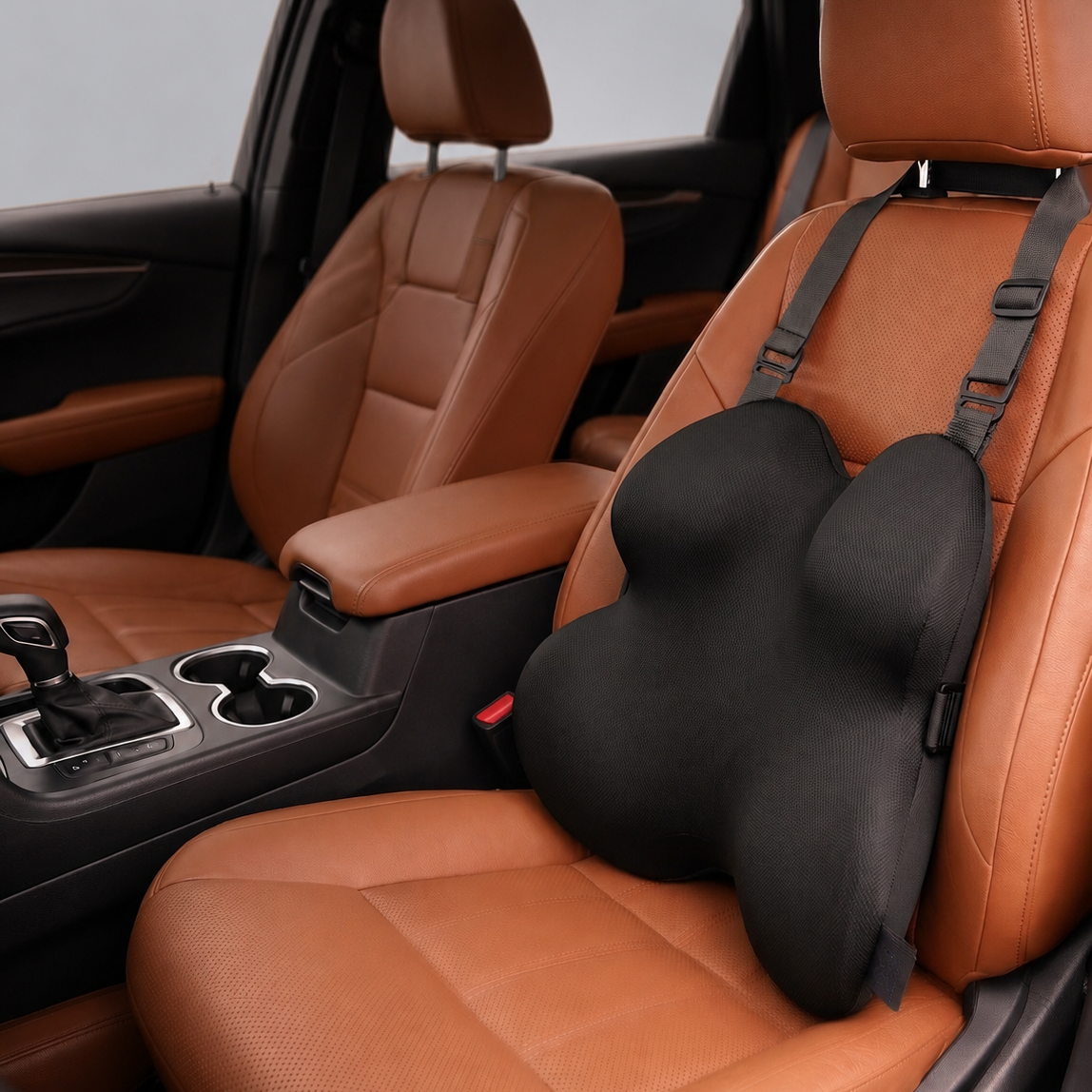 Black car neck pillow on a brown leather car seat