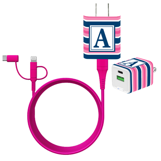 Chic Stripe Dual USB A & USB C 20W Quick Charger Letter Set with Hot Pink Cable