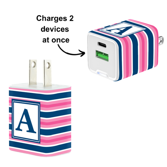 Chic Stripe Dual USB A & USB C 20W Quick Charger Letter Set with Hot Pink Cable