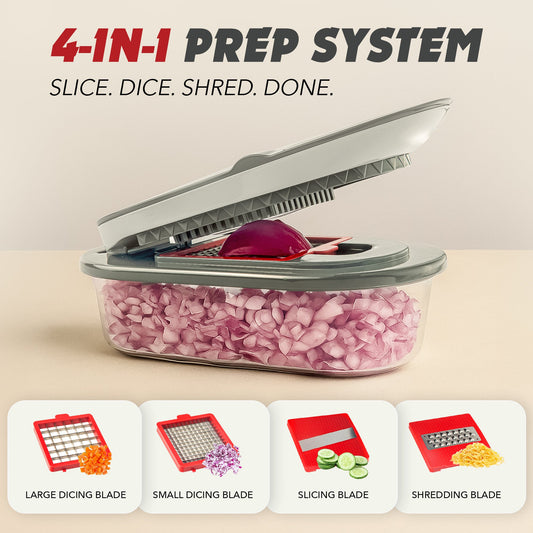 Chopping device with container filled with chopped onions on a marble surface with vegetables around.