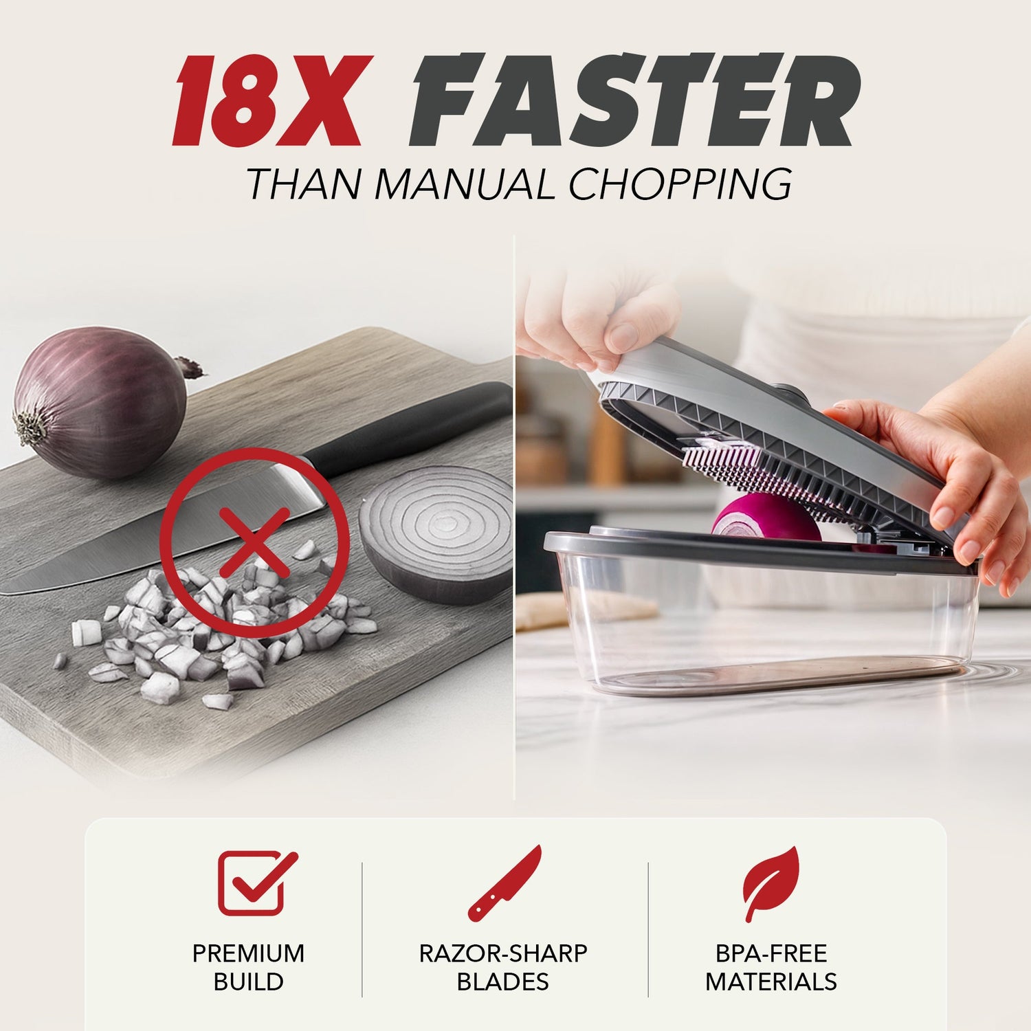 Kitchen tool with text '18X Faster Than Manual Chopping' and features listed on a white background.
