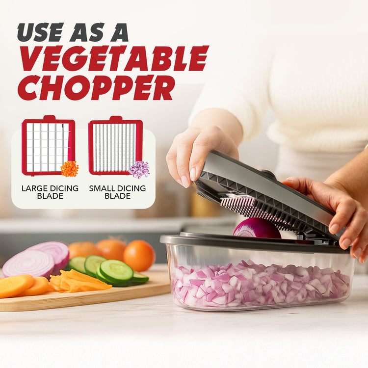 Vegetable chopper being used to chop onions with text indicating its use as a vegetable chopper.