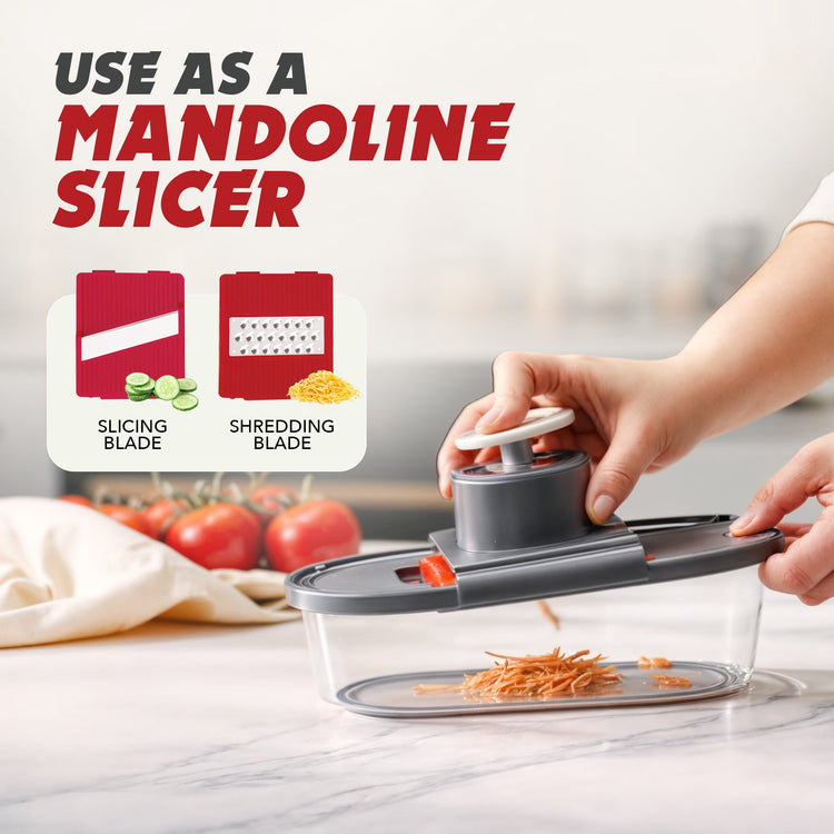 Mandoline slicer being used to slice vegetables with text indicating its use as a mandoline slicer.