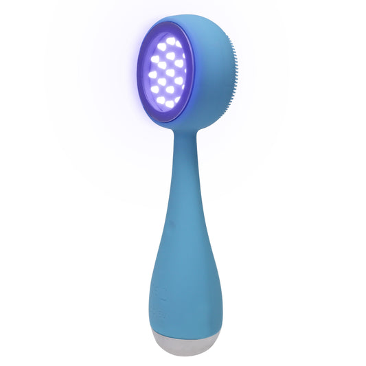 Blue skin care device with LED light on a white background