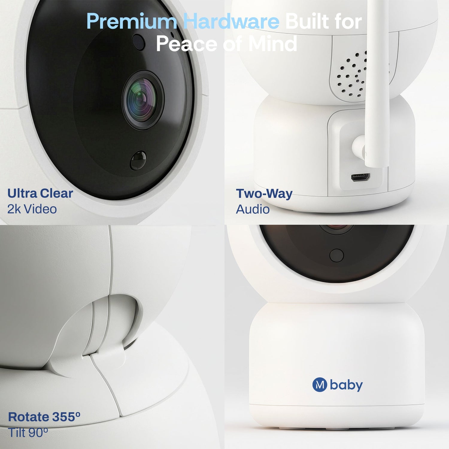 White security camera with features highlighted on a white background