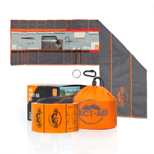 Collection of Duct-Aid products including a roll, bag, and first aid kit on a white background