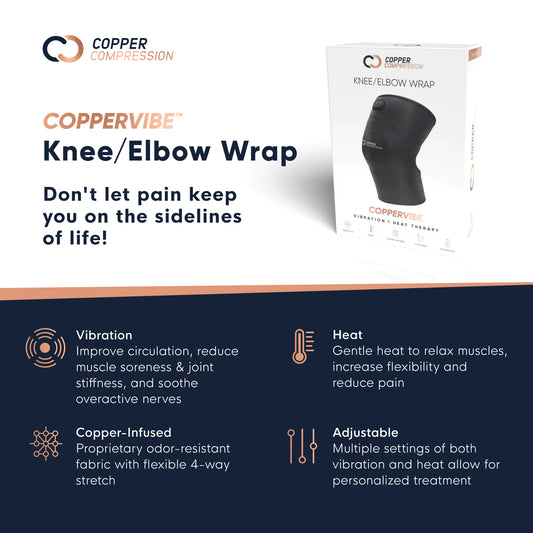 Packaging for the CopperVibe Vibration+Heat Therapy Knee/Elbow Wrap