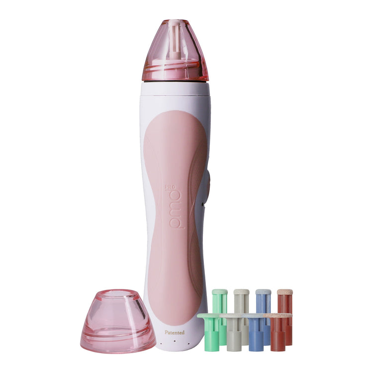 Pink and white electronic device with attachments on a white background