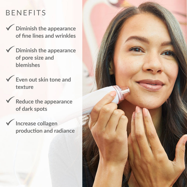 Woman using a skincare device with benefits listed on the left
