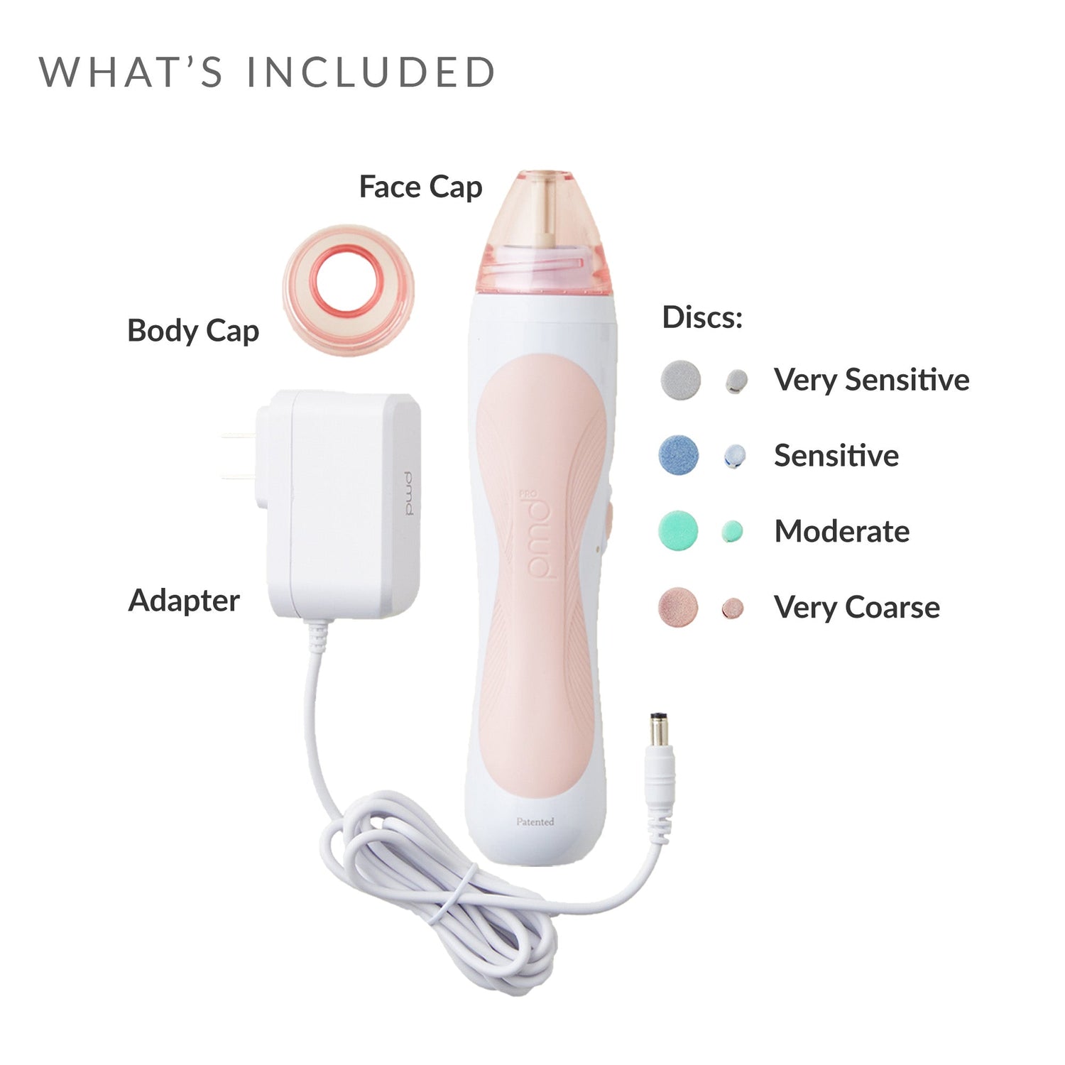 Hair removal device with attachments and disc options on a white background