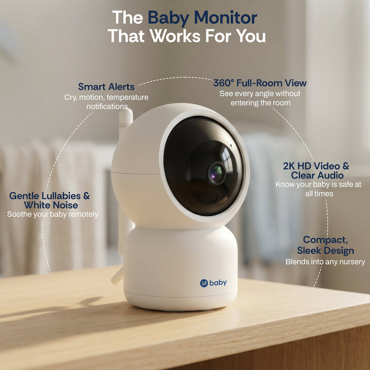 Baby monitor on a wooden surface with features highlighted