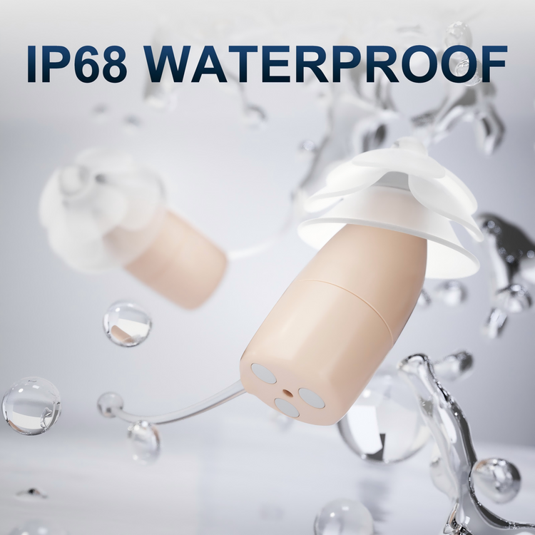 Beige electronic device with water droplets and 'IP68 WATERPROOF' text on a gray background