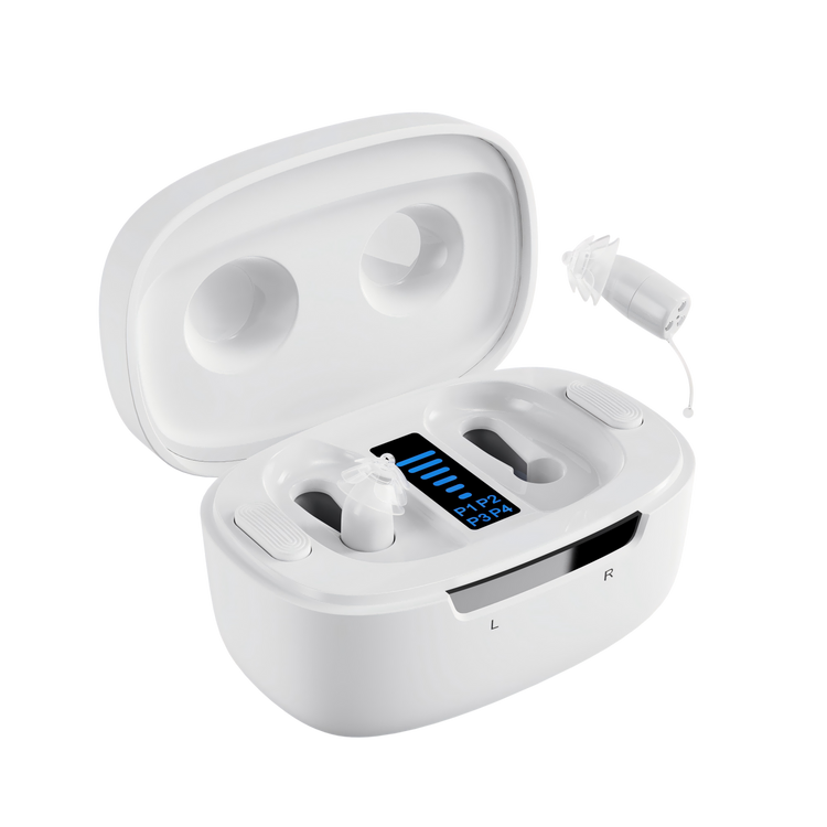 White wireless earbuds with charging case on a white background