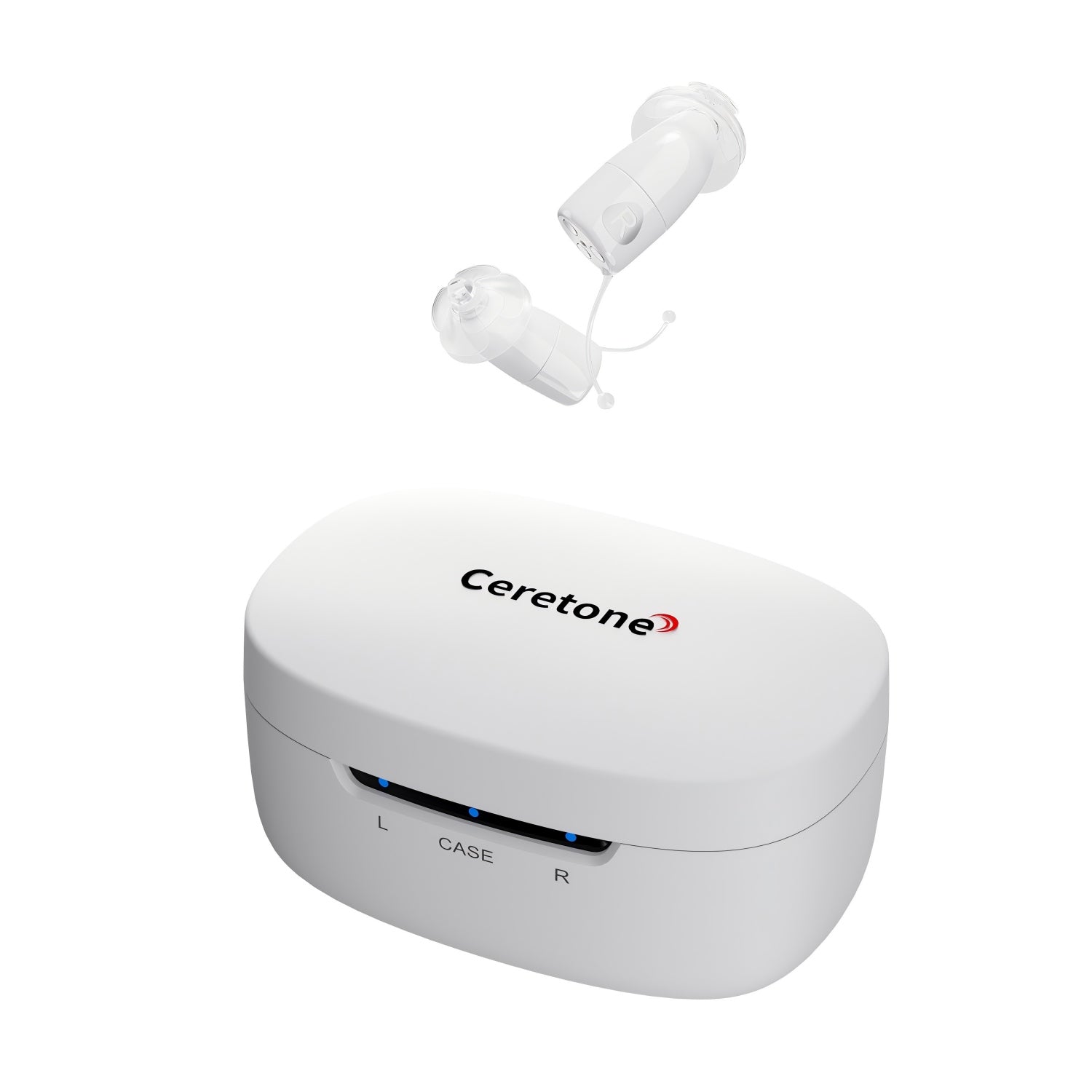 White earbuds with charging case labeled 'Ceretone' on a white background