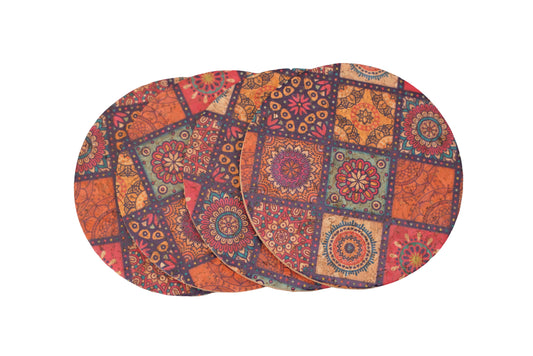 Set of colorful oval placemats with pattern on a white background