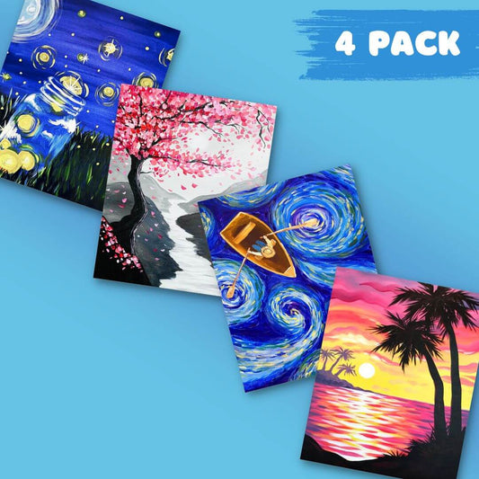 Four art notebooks with different designs on a blue background, labeled '4 Pack'.