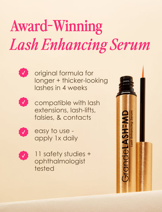 Three cosmetic products including a mascara, eyeliner, and hair serum on a white background