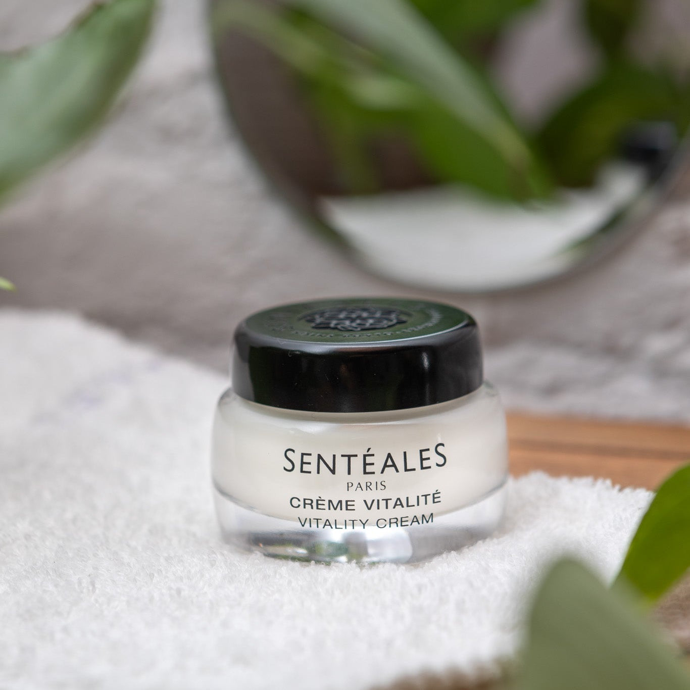 Jar of Sentéales Crème Vitalité on a textured surface with green leaves in the background