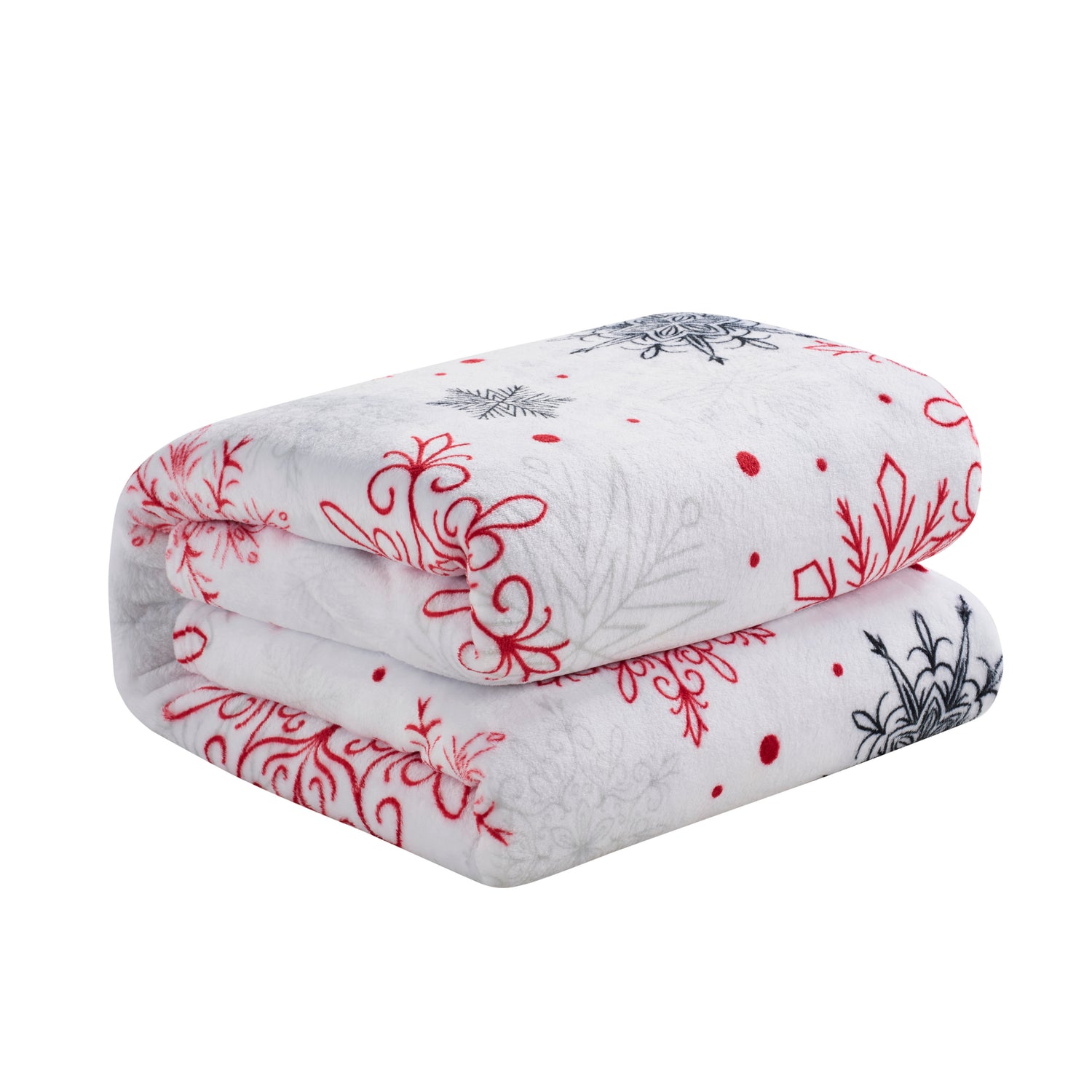 Folded blanket with red floral patterns on a white background