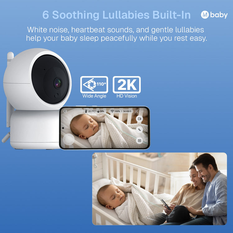 Baby monitor with 2K HD vision and wide-angle camera on a blue background, featuring text about soothing lullabies.