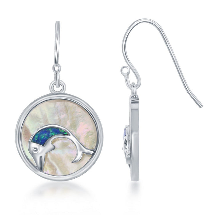 Sterling Silver Round MOP with Blue Inlay Opal Dolphin Earrings