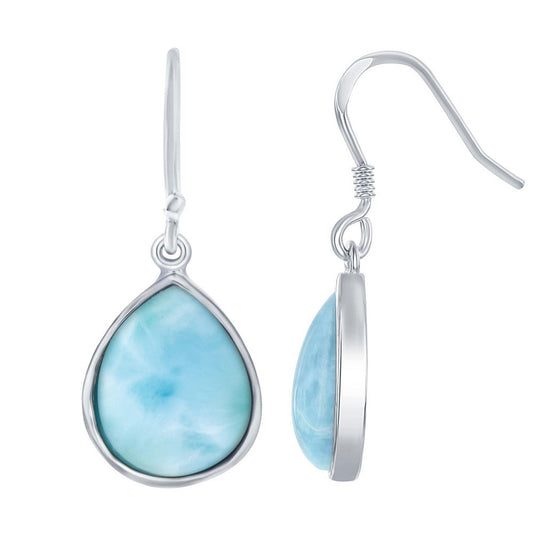 Teardrop-shaped earrings with light blue stones and silver hooks on a white background