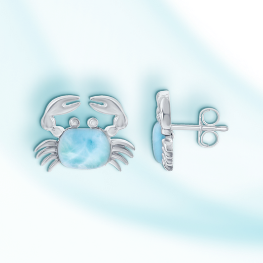 Sterling Silver, Larimar Crab Stud Earrings