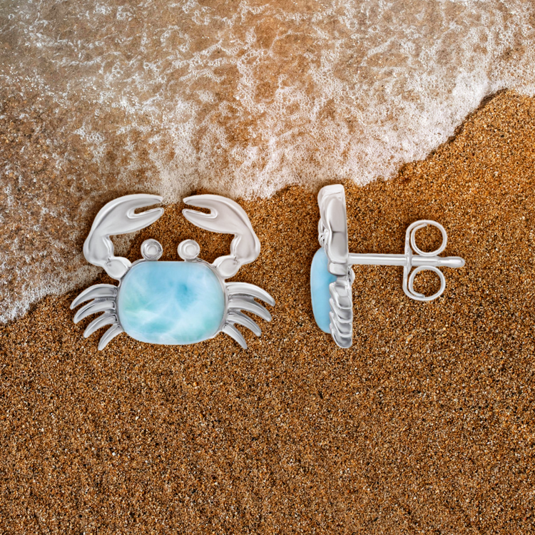 Sterling Silver, Larimar Crab Stud Earrings