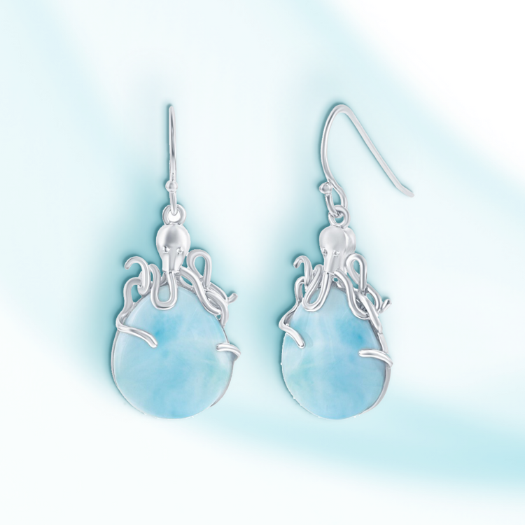 Sterling Silver Pear-Shaped Larimar Octopus Earrings