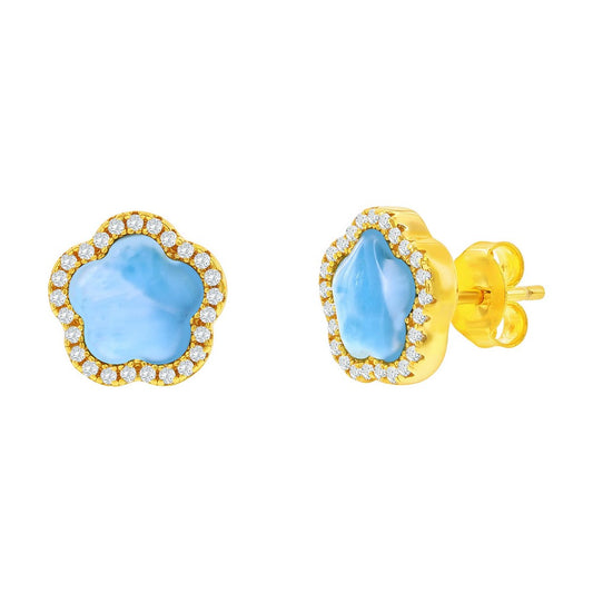 Sterling Silver, Flower Larimar, CZ Outline Studs - Gold Plated